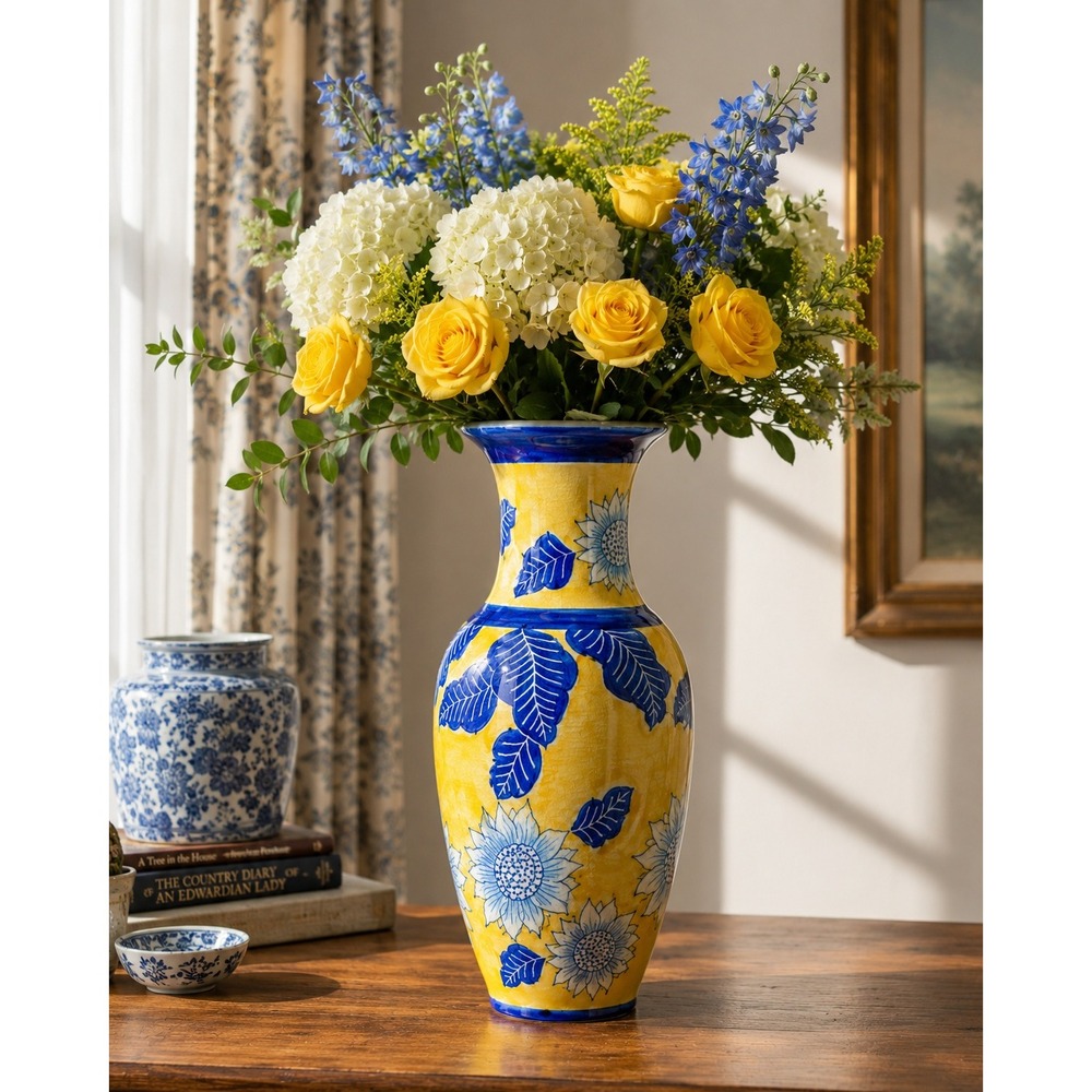 Vintage Chinoiserie Vase‎ Yellow Blue Floral Asian Ceramic Grandmillennial Decor